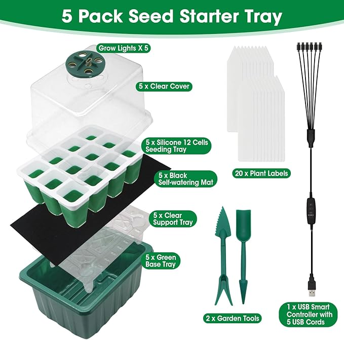 5PCS 60 Cell Self Watering Seed Starter Tray with Grow Light, Reusable Silicone Seed Starter Kit with Humidity Dome, 60 Cells Plant Germination Trays for Seeding Planting Growing(5-Pack 60-Cell)