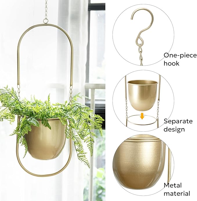 Boho Hanging Planter for Indoor Plants - Set of 2 Gold Metal Wall Planter 5.7Inch with Hooks and Chins, Plant Hanger Decor for Window and Patio - Suitable for Hanging Plants Decor