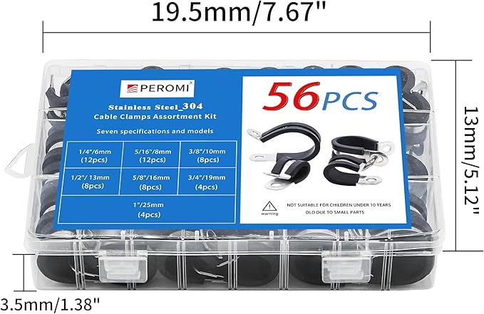 56PCS Double Cable Clamps Assortment Kit in 7 sizes 1/4" 5/16" 3/8" 1/2" 5/8" 3/4" 1" P Clamps, 304 Stainless Steel Rubber Cushioned Insulated Clamp, Pipe Clamps, Wire Loom Clips By PEROMI