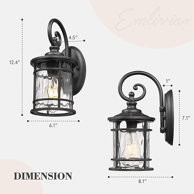 Emliviar Outdoor Wall Sconces 2 Pack, 12.4 Inch Outdoor Front Porch Lights with Water Ripple Glass in Black Finish, XE229BWG-S-2PK BK