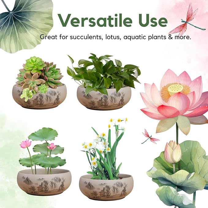 Lotus Bowl Planter, Ceramic Water Lily Bowl, Hydroponic Bonsai Lotus Bowls for Water Plants Indoor, Succulent Pots, Leak-Proof Design, Tranquil Living by Nature (7.56in*2.76in)