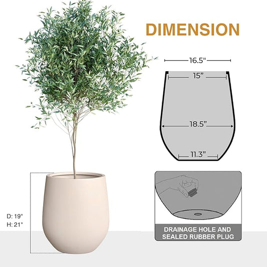 21"H x 19"D Corso Fiberstone Round Tapered Planter with Drainage Hole, Smooth Finishes, Weather Resistant for Indoor & Outdoor Use, Included 2 Extra Coco Mats (Kilim Beige, 15" Pot Opening)