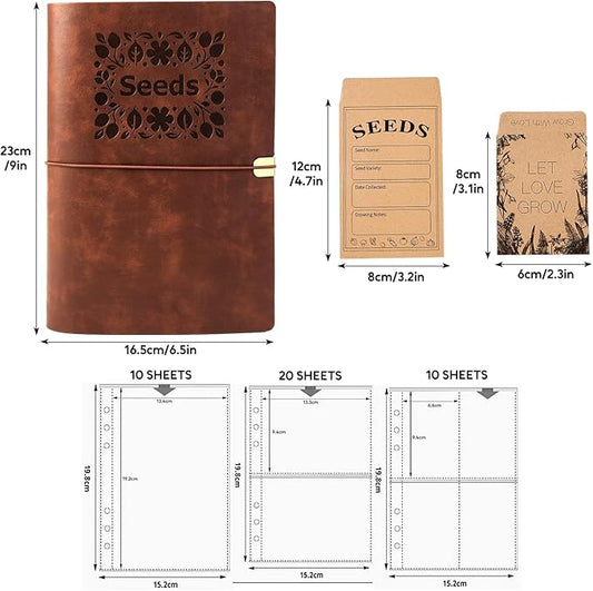 Seed Organizer Binder with 80 Resealable Envelopes - 40 Sheet Protectors for Garden Seed Storage (Brown)