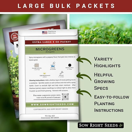 Sow Right Seeds - Bulk Arugula Microgreen Seeds for Growing - 1 Ounce, 14000 Seeds - Non-GMO Heirloom Jumbo Pack with Instructions to Grow Healthy Microgreens - Grow Loads of Arugula Microgreens…