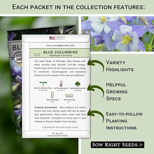 Sow Right Seeds - Perennial 5 Flower Garden Seed Collection for Planting - Russell Lupine, Black-Eyed Susan, Shasta Daisy, Purple Coneflower & Blue Columbine - Non-GMO Heirloom Packets Home Gardening