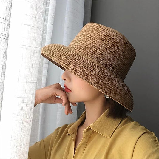 Wide-Brim Classic Elegant Style Foldable Straw Hat Women's Retro UV Resistant Sun Hats for Outdoor, Beach and Travel