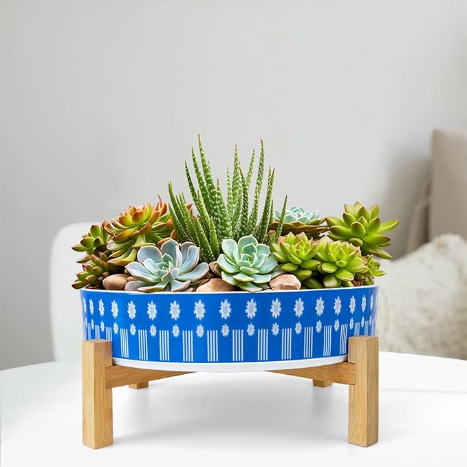 ARTKETTY Succulent Pots - 11 Inch Large Plant Pots Ceramic Bonsai Pots with Drainage Stand, Shallow Succulent Planters for Indoor Plants Decorative Flower Cactus Planter Bowl