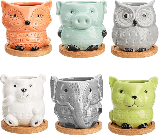 Frcctre 6 Pack Small Ceramic Succulent Planter With Drainage and Bamboo Tray, Cute Animal Flower Pots for Indoor Plants, Cactus, Garden, Home Decor