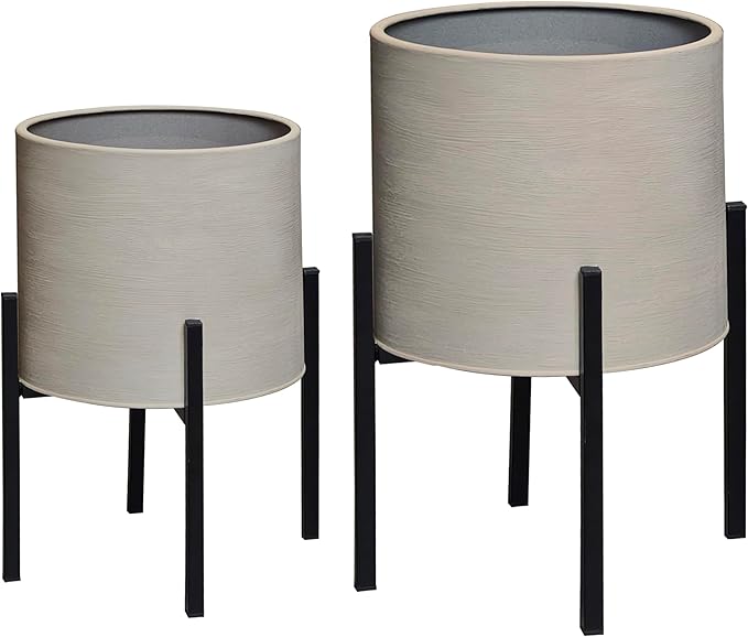 ARNIS Modern Plant Pots, Large Planters with Stand, Set of 2 Decorative Planters, Metal Pots with Drainage Holes for Living Room, Office, Garden or Balcony, 10.5 &12.25 Inch, Grey