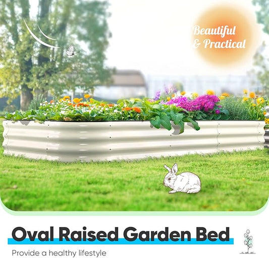 Quictent Galvanized Raised Garden Bed Kit, 8x4x1 ft Oval Metal Planter Box for Vegetables, Strengthened by Crossbar, Beige