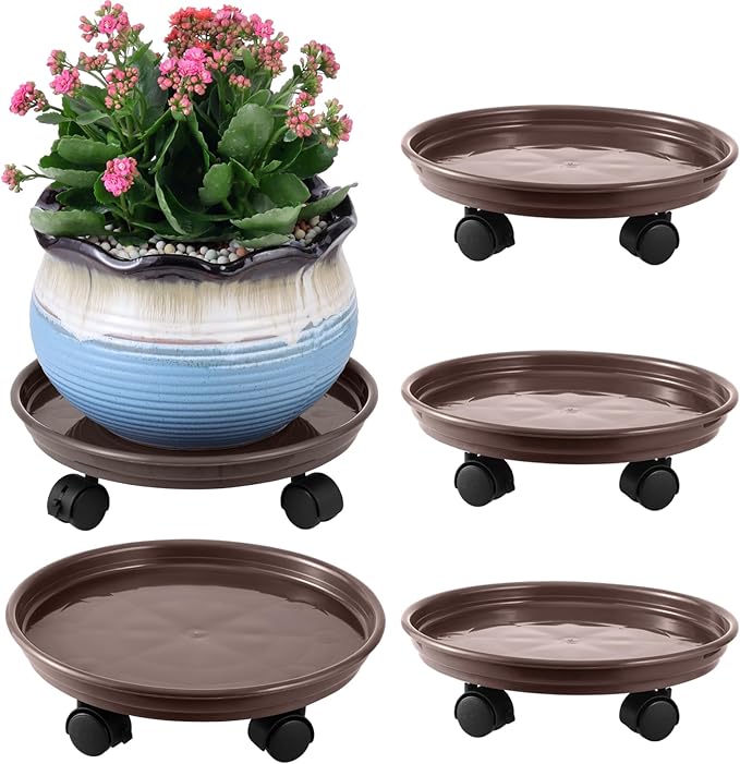 4 Packs Plant Caddy with Wheels 11.8" Plastic Rolling Plant Stands Heavy-Duty Plant Dolly with Casters Indoor Outdoor Plant Roller Base Large Saucer Tray Mover Coaster, Brown