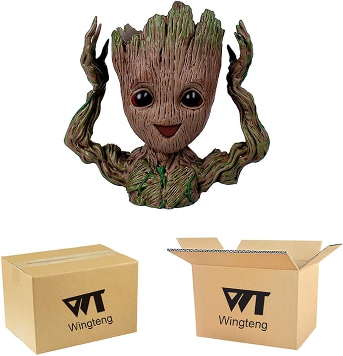 6" Cute Baby Groot Planter Pot, Smile Face Planters Head for Indoor Plant or Funny Pen Holder Flower Pot with Drainage Hole for a Tiny Succulents Plants Home Office Decor Gift Idea