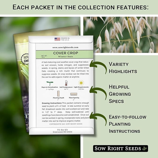 Sow Right Seeds - Cover Crop Collection for Planting - 9 Packets of Popular and Hardy Cover Crops - Suppresses Weeds, Improves Soil, Helps with Erosion - Non-GMO Heirloom Packet to Grow - Great Gift