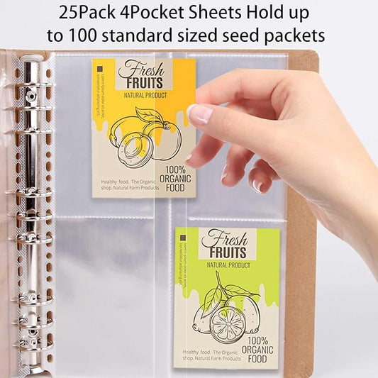 PABCK 100 Pockets Kraft Paper Binder Sheet Garden Seeds Packet Storage Book 4 Side Loading (Slot Size 3.62x5.19 inch) Plastic Clear 25 Sheet Protector Seed Envelopes Organizer Photo Album Card Sleeves