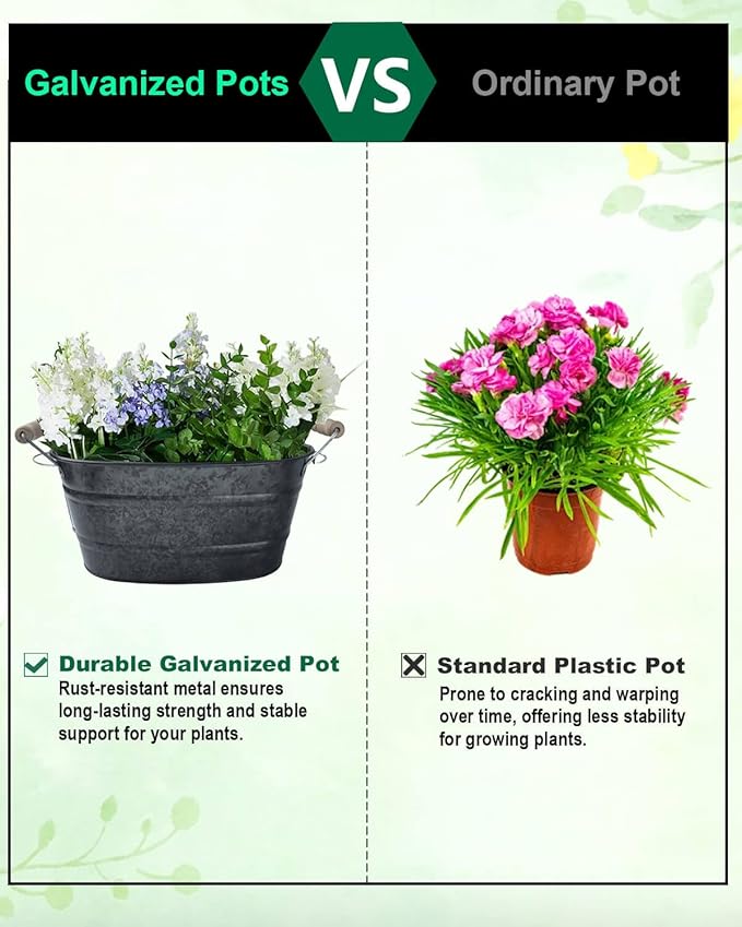 Galvanized Metal Oval Planter Buckets with Handles – 3 Pcs Rustic Farmhouse Flower Tubs with Drain Holes & Plugs, Vintage Small Pots for Herbs, Succulents, Wedding or Tabletop Decor (Galvanized Black)