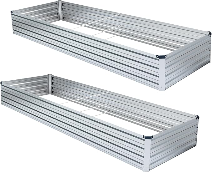 2 Pack 8x4x1FT Galvanized Raised Garden Bed Kit, Outdoor Metal Planter Box for Vegetables, Bottomless Rectangular Gardening Bed with Support Rods, Tool-Free Assembly, Silver
