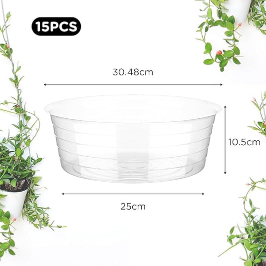 Hoolerry Plastic Plant Saucer Clear Deep Drip Tray Thickened Clear Plant Saucers Trays for Pots Deep Drip Trays for Home Garden Indoor and Outdoor Potted(15 Pcs,12 Inch)