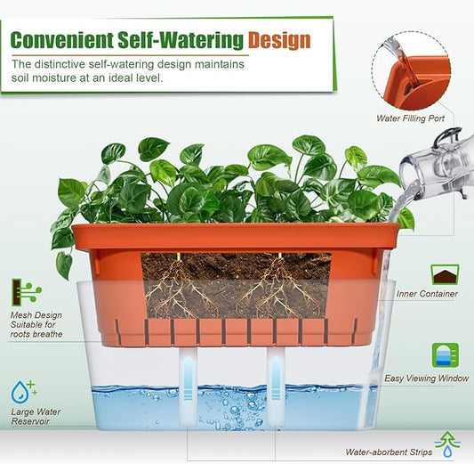 OurWarm Windowsill Herb Planter Box Indoor Set of 3, 10.5 Inch Self Watering Planter Pots with Visual Water Level Window, Modern Plastic Plant Pots for Herbs, Vegetables, Succulents Plants