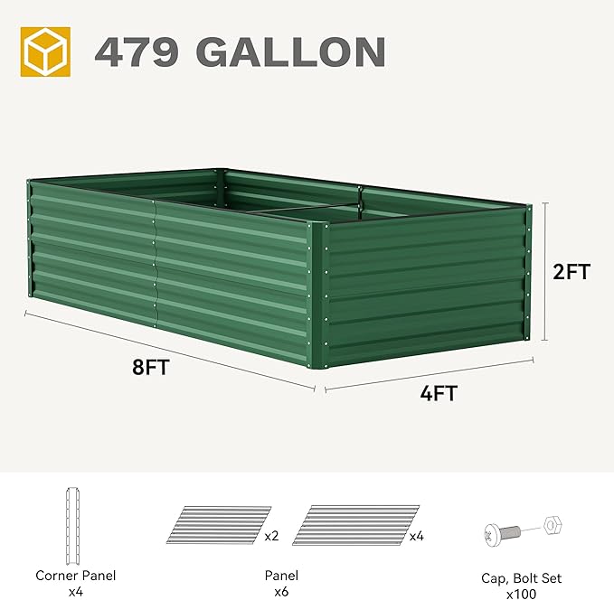 DWVO 2pcs 8 x 4 x 2 FT Raised Garden Bed Kit, Outdoor Galvanized Flower Bed with Safety Rubber and Gloves, Large Metal Planter Box for Vegetables, Flowers, Herbs, Fruits, Green