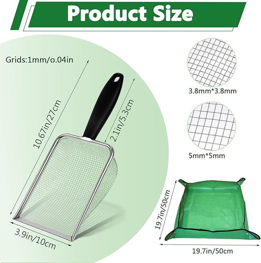 2pcs Gardening Soil Sifter,3.8/5mm Mesh Stainless Steel Sand Soil Compost Sieve and Rock Sieve with Handle for Gardening(Includes Gloves and Repotting Mat)