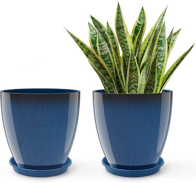 GameXcel Flower Pot Indoor - Outdoor Plant Pot - Navy Blue Glossy Planter - Elegant Ceramics Imitation - 12" Diameter 12" Tall with Drainage Holes and Saucer 2 Pack