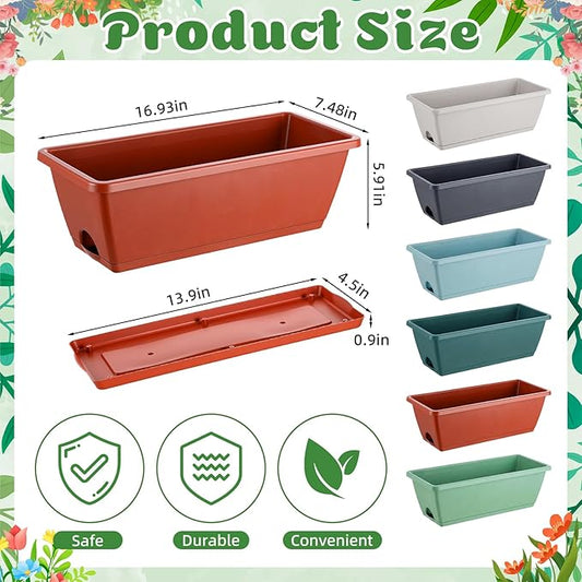 12 Pack Window Box Planter 17 Inches Rectangular Vegetable Flower Planters with Drainage Holes and Saucers Plastic Flower Pots Coloful Herb Planter for Indoor Outdoor Patio Garden Home Decor