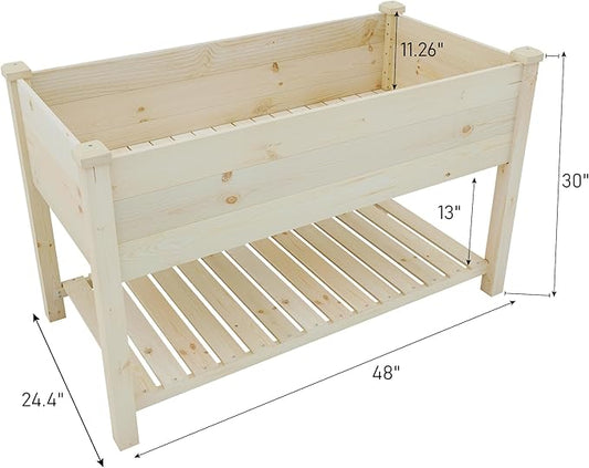 BIRASIL Outdoor Wood Raised Garden Bed, Elevated Reinforced Large Planter Box with Storage Shelf for Vegetable Flower Backyard Patio Gardening Balcony (48”L, Natural Wood)