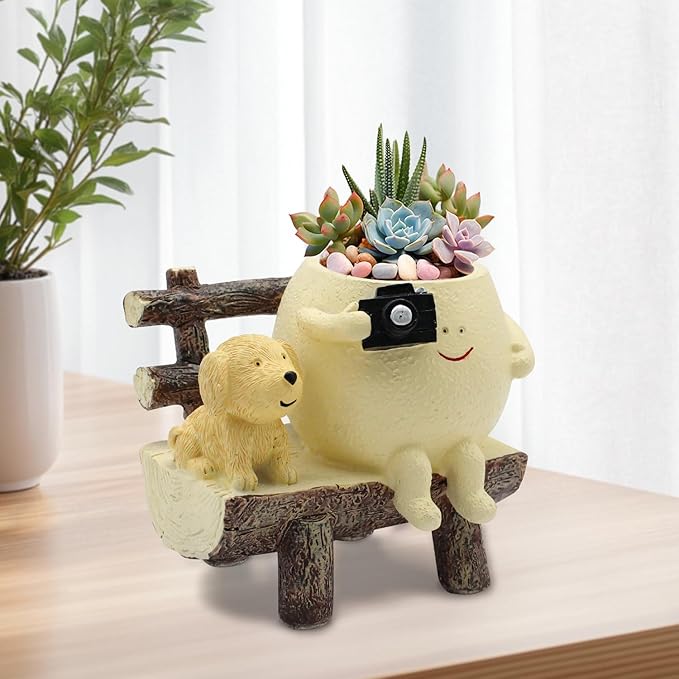 Cute Funny Resin Bench Smiley Face Plant Pot Unique Head Succulent Planter for Indoor & Outdoor Flower