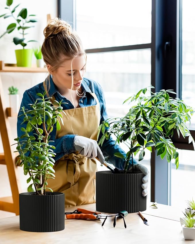 Matte Black Ceramic Plant Pots, 8.1 + 6 Inch Planters for Indoor Plants, Modern Flower Pots with Drainage, Two-Sizes Set