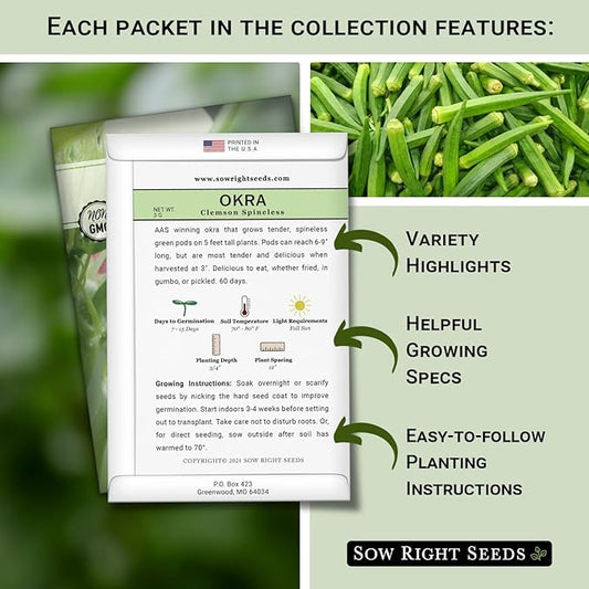 Sow Right Seeds - Okra Seed Collection for Planting - Burgundy, Clemson Spineless, and Emerald Varieties - Non-GMO Heirloom Packet to Plant a Home Vegetable Garden - Productive Summer Crop
