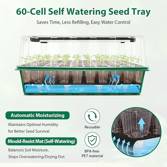 Seed Starter Tray, 60-Cell Self-Watering Seed Starter Kit with Grow Light and 4.07” Humidity Dome, Indoor Plant Starter Trays for Seed Germination & Gardening Supplies