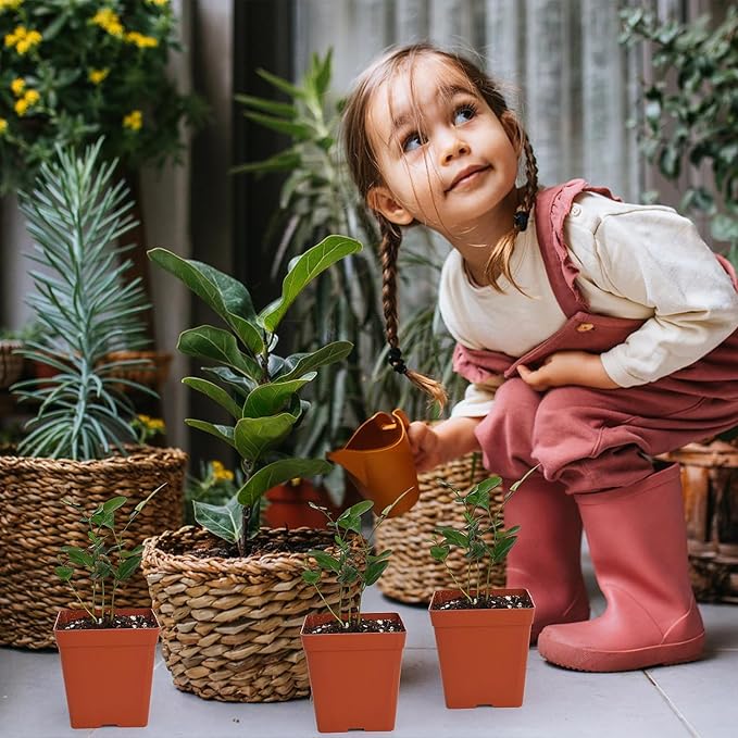 June Fox 100 Pack Red Square Nursery Pots with Drainage Holes 3.3 Inches Flexible Plastic Seedling Pots Square Pots for Plants, Succulent, Flower, with Plant Labels