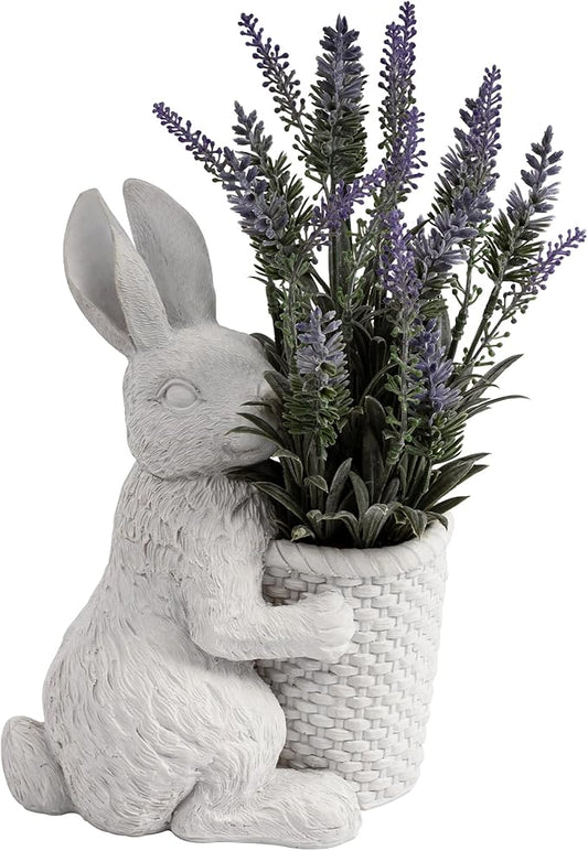 Elegant Resin Statue Flower Pot –Vintage White Swan Planter with Artificial Lavender Plant Indoor Outdoor Rustic Garden Decor – Cute Animal Figurine Gift (Rabbit)
