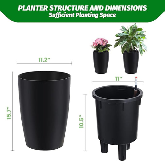 GarveeLife Set of 2 Tall Planters for Outdoor Plants, 16in Large Planters for Outdoor Indoor Plants with Water Level Monitor & Inner Bucket, Automatic Watering, for Porch, Patio, Backyard(Black,Large)