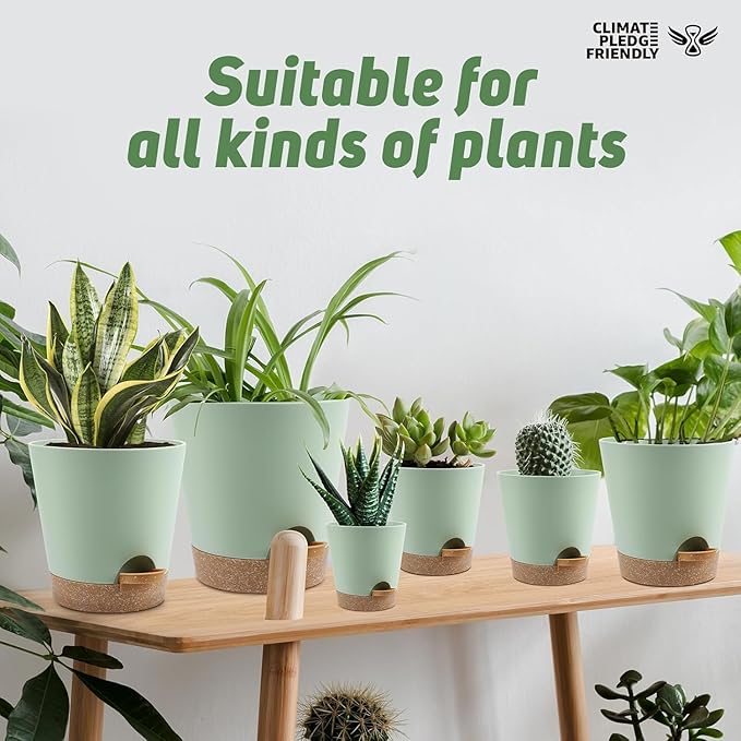 Indoor Self Watering Planters with Drainage Holes and Saucers, 8, 7, 6.5, 6, 5.5, 5 Inches, 6 Pots(Green+Brown
