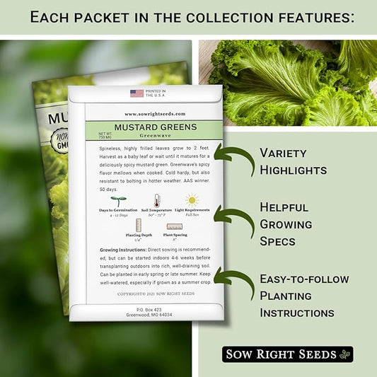 Sow Right Seeds - Power Greens Seed Collection for Planting - Spinach, Arugula, Kale, Mustard Greens and Rainbow Swiss Chard - Non-GMO Heirloom Seeds to Plant and Grow a Home Vegetable Garden