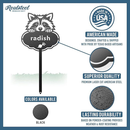 RealSteel Rocky The Raccoon Plant Markers – Cute Metal Garden Labels for Herbs & Vegetables | Outdoor Steel Plant Stakes for Garden, Greenhouse & Raised Beds | Gardening Gift | USA (TARRAGON-B-6X13)
