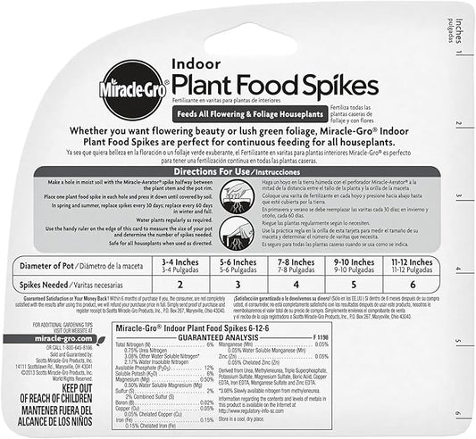 Miracle-Gro Indoor Plant Food Spikes, Includes 48 Spikes - Continuous Feeding for all Flowering and Foliage Houseplants - NPK 6-12-6, Pack of 1