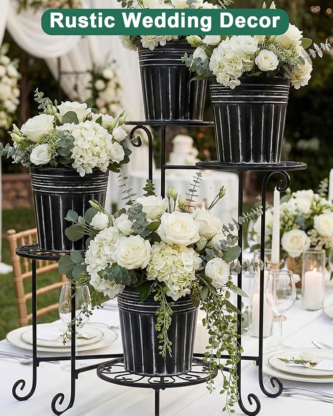 vensovo 6 Inch Black Metal Rustic Flower Pots - 6Pcs Galvanized Planters with Drainage Hole and Rubber Plug, Rustproof Metal Bucket Plant Pots Farmhouse Vintage Style for Decor