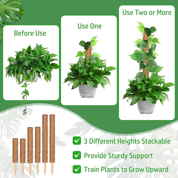 102 Inch Moss Pole for Plants Indoor (2*21.7", 2*16.5", 2*12.6") 6Pcs Coco Coir Pole Monstera Plant Support Pole for Plants Climbing with 65.6ft Twist Tie, Plant Tie and Jute Rope for Potted