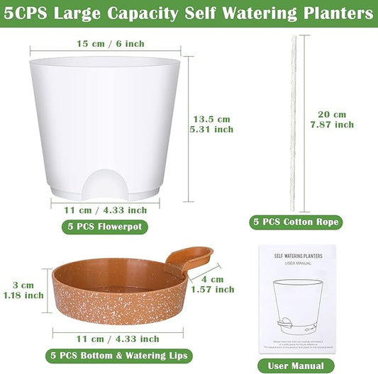 5 Pack Self Watering Plant Pots, 6 inch Plastic Plant Pots Set Bottom Watering Planters With Absorbent Rope & Saucer, Self Watering for Indoor Plants Minimalist Decor Outdoor Garden Flower. (White)