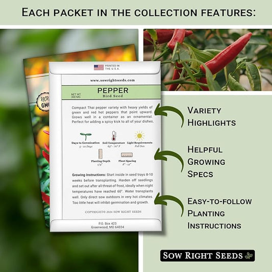Sow Right Seeds - Hot Pepper Seed Collection for Planting - Includes Orange Habanero, Ghost, Thai, Cayenne, Tabasco, Scotch Bonnet - Non-GMO Heirloom Varieties to Plant a Home Vegetable Garden