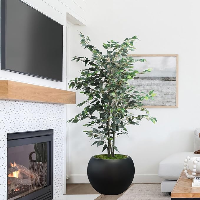 13.5 H x 17" Dia (12" Pot Opening) Round Fiberstone Planter with Drainage Hole, Indoor/Outdoor Large Plant/Christmas tree decor Pot for Home Patio Garden, Ideal for Large Plants (Black, 17in)