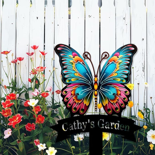 Custom Name Garden Decor Sign Butterfly, Personalized Colorful Butterfly Metal Garden Sign with Stake, Colorful Butterfly Metal Art Garden Stake Decorative Outdoor Yard Sign