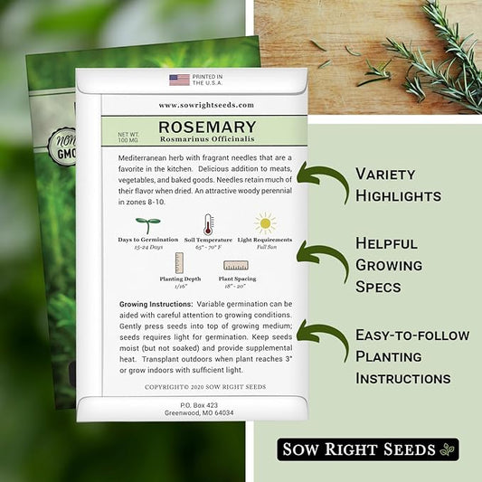 Sow Right Seeds - Rosemary Seed for Planting - Non-GMO Heirloom Packet with Instructions to Plant and Grow a Kitchen Herb Garden - Indoors or Outdoor - Tasty Culinary Herb, Super Fragrant (2)