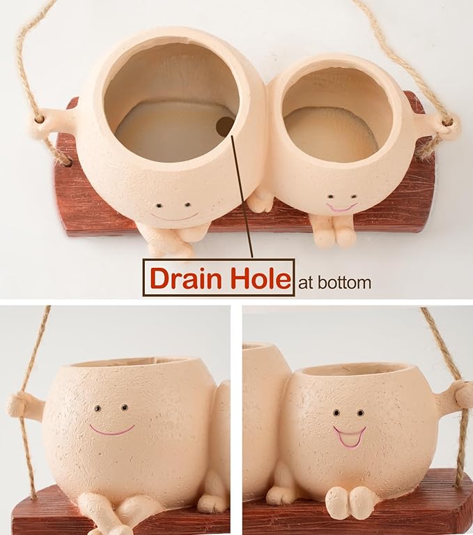 Cute Couple Swing Planter with Smiley Face,Couple Planter,Hanging Swing face Pot,Hanging Plant Pot for Indoor Outdoor Plants, (Khaki)