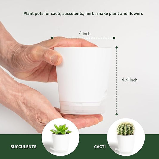 4 Inch 10 Pack Small Self Watering Pots for Indoor Plants, Nursery Pot with Drainage Holes and Saucers, Plastic Small Flower Planter for Succulent, Aloe, Cacti and More (White)