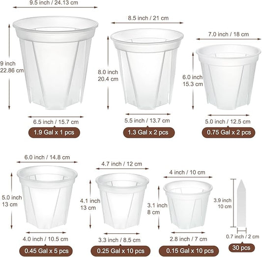 Clear Nursery Pots with Drainage, 30 Pack Transparent Plastic Orchid Planters, 6 Sizes Plant Pots 9.5/8.5/7/6/4.7/4 Inch with 30 Plant Labels for Seedlings, Succulents, Indoor/Outdoor Repotting