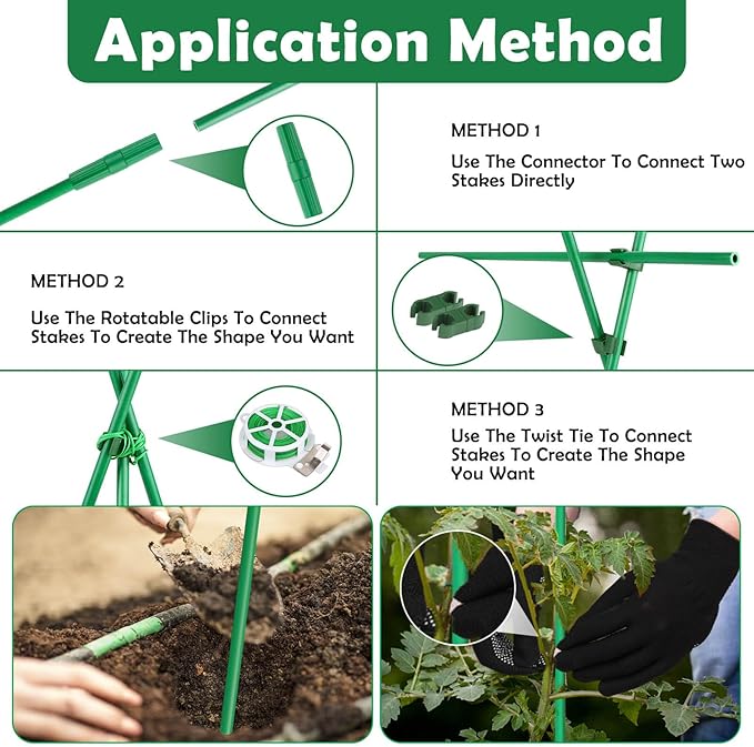 Cludoo 208PCS Garden Stakes Set with 60 Sets Fiberglass Plant Stakes Sticks Supports and Accessories, DIY 4ft 5ft 6ft 7ft Tomato Stakes for Tomato,Vegetables, Pepper, Fences Indoor Outdoor Plants