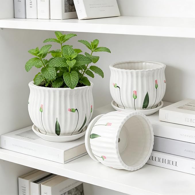 Plant Pots for Indoor Plants Set of 3, 4+5.3+6.7 Inch Ceramic Plant Pots with Drainage Hole,Cute Garden Pots Succulent Pots with Saucer